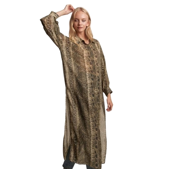 Snake Print Sheer Tunic Collared Midi/ Maxi Shirt Dress Top - Picture 5 of 15